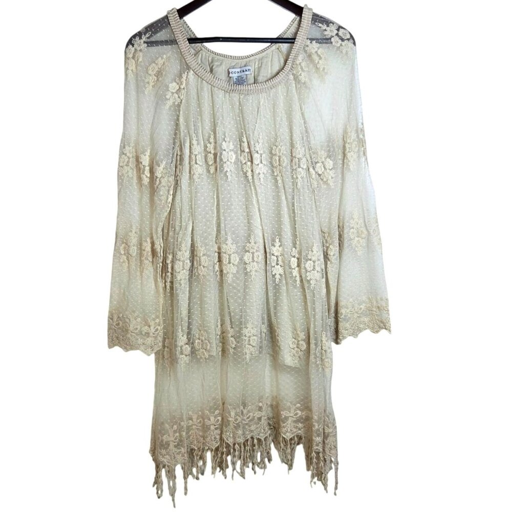 Contrast Cream Floral Embroidery Lace Long Sleeve Boho Cowgirl Mini Dress Medium
